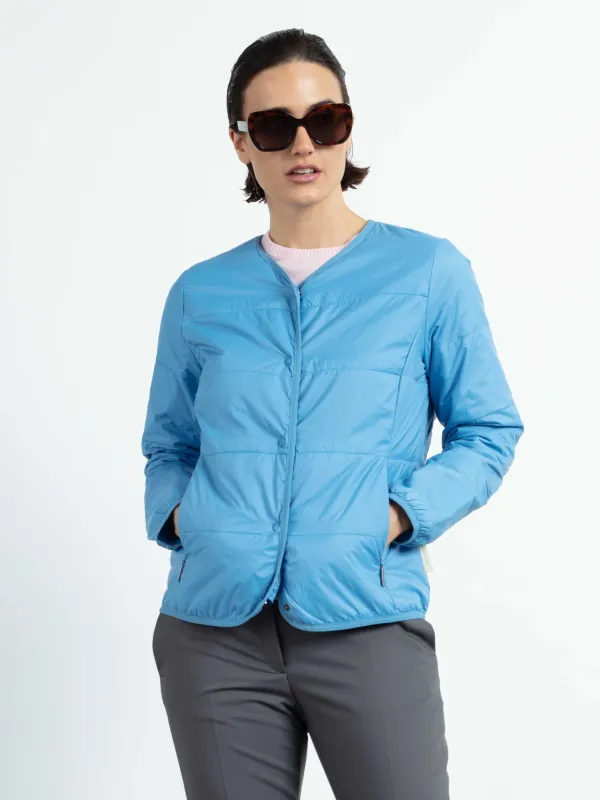 WEGA Green Goose Kragenlose Damenjacke Easy Soft Price - Vegane Jacke in Azure Blue